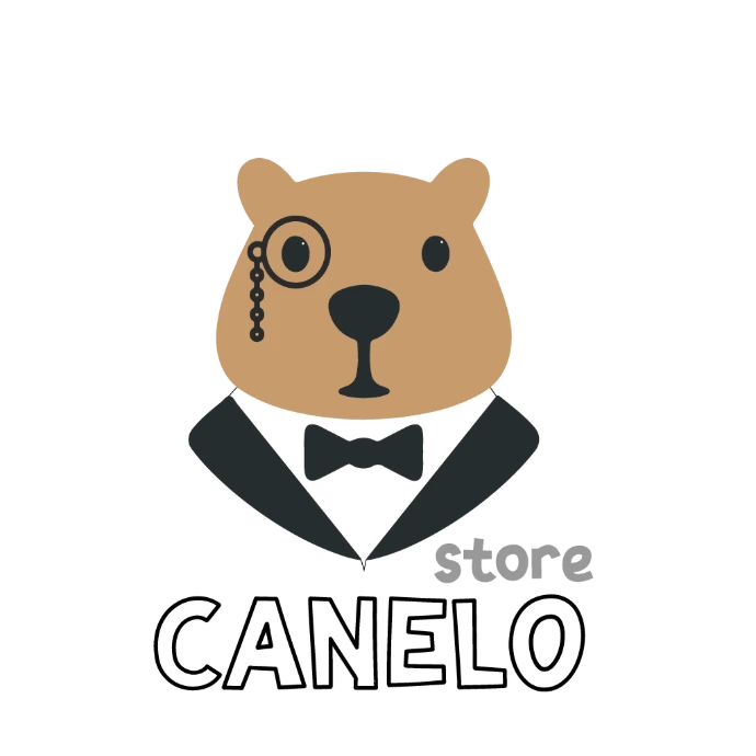 Un capibara con un traje tuxedo formal, y con un monóculo con una cadena de tres aros pequeños colgando en serie. encima de un texto blanco con los bordes negros que dice CANELO